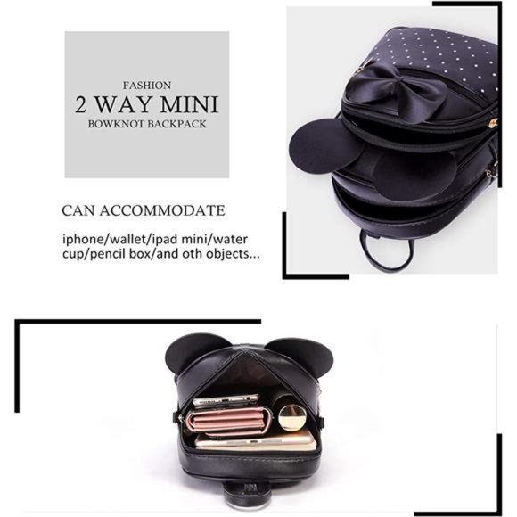 Womens / Girls Bowknot Polka Dot Cute Mini Backpack Small Daypacks Convertible - Picture 3 of 6